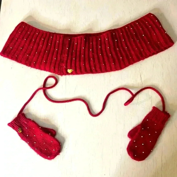 Betsey Johnson Infinity Scarf and Corded Mittens Set Red with Gold Beads - Picture 1 of 7